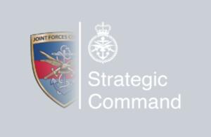 UKStratCom logo and crest - half the old JFC crest logo and the transition to the new Strategic Command logo.