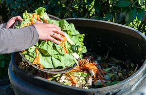 Person putting vegetable waste into a composter