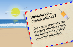 Beach background with message on importance of yellow fever vaccine