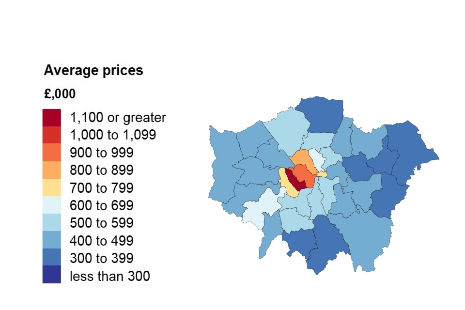 A heat map showing average price by London borough.