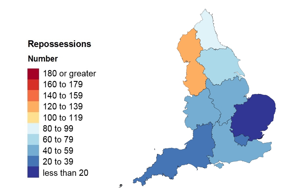 A heat map showing repossessions in England.