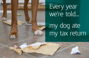 Picture of a dog and the text "Every year we're told...my dog ate my tax return"