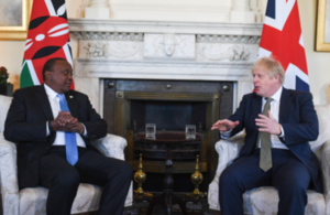 Prime Minister Boris Johnson and President Uhuru Kenyatta speaking together in 10 Downing Street.