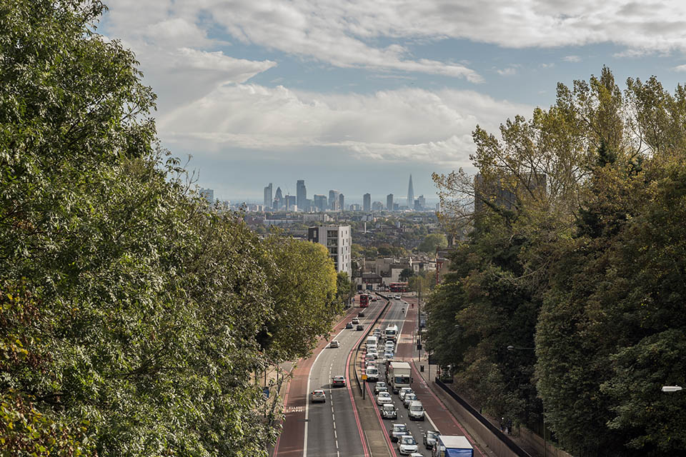 Street in London with queue of cars