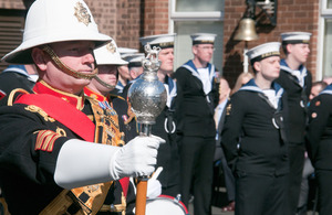 A Drum Major leading a band of Her Majesty's Royal Marines at the opening of HMS Dalriada in Glasgow [Picture: ©Gibson Photographic Services]