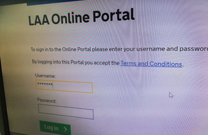 Image shows log-in screen for the Legal Aid Agency's digital online portal to access the Contracted Work and Administration system, known as CWA