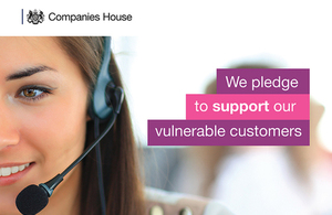 Woman wearing a headset and microphone with text saying 'We pledge to support our vulnerable customers'.