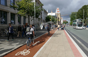A separated cycle path through Manchester city centre