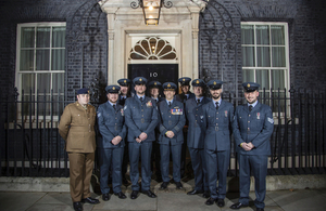 Personnel from RAF Odiham stand outside Number 10 Downing Street