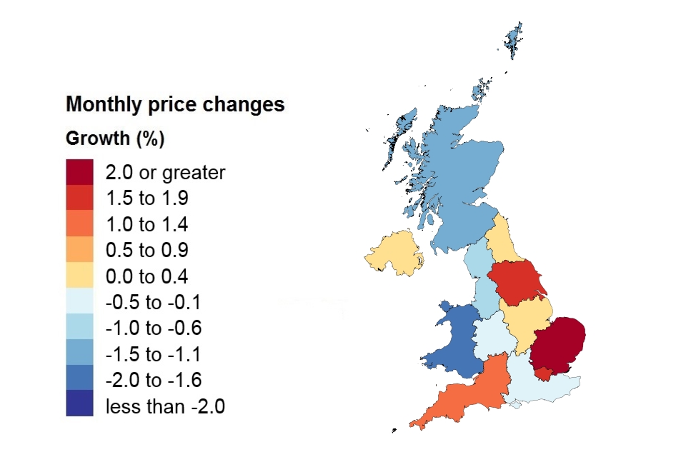 A heat map showing monthly price changes by country and government office region.
