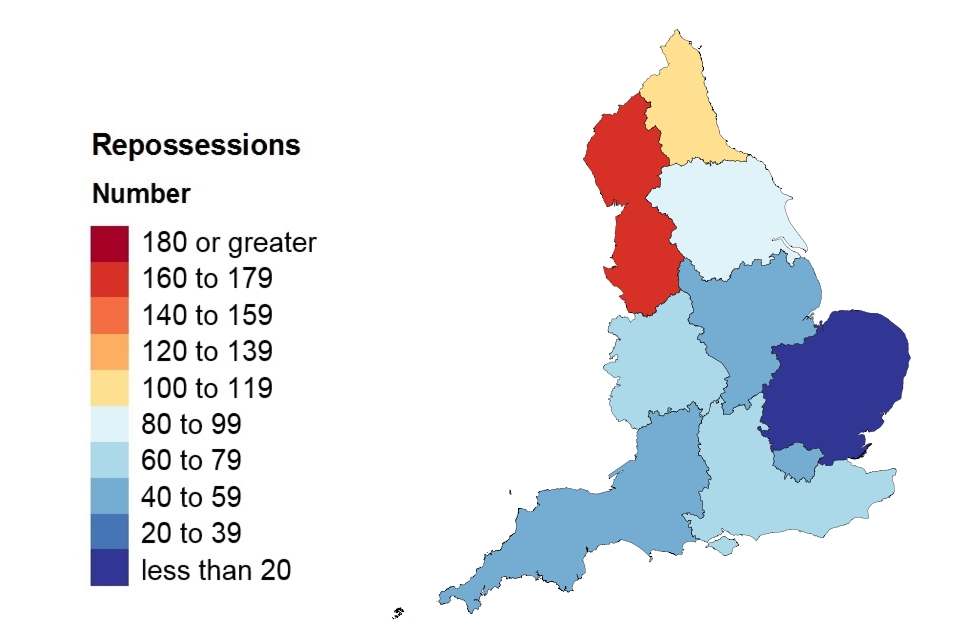 A heat map showing repossessions in England.