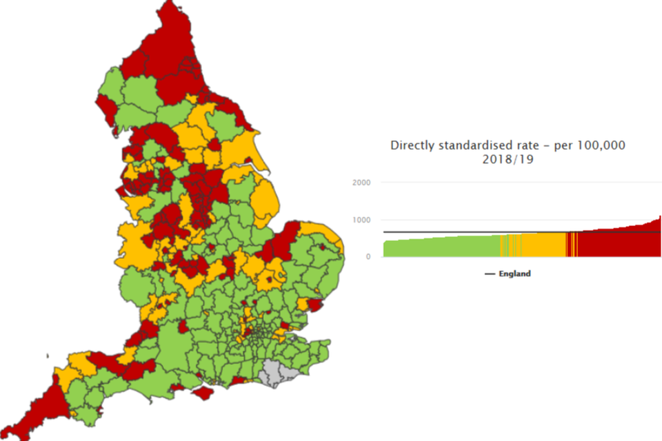 Figure 6: Admissions for alcohol-related conditions (Narrow), district and unitary authorities, 2018/19