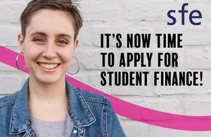 Image of a student with the words apply now next to her