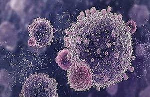 Close up of virus and cell.