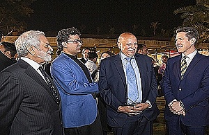 Dr Christain Turner, CMG, the British High Commissioner to Pakistan with Chairman of Pakistan Cricket Board Ehsan Mani, Senator Faisal Javed and Governor Punjab Chaudhry Muhammad Sarwar at the MCC reception