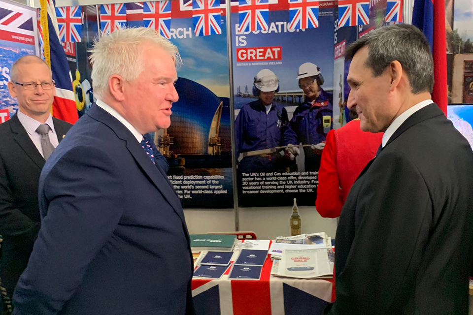 HM Ambassador Hugh Philpott and Vice Premier & Minister of Foreign Affairs H.E. Rashid Meredov at the GREAT Stand