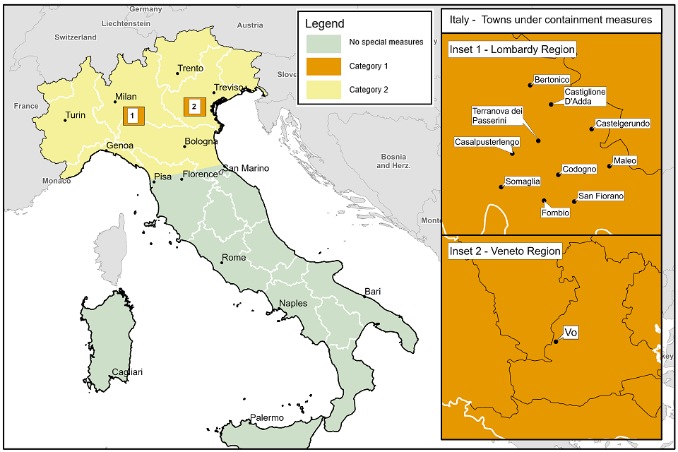 Map of specified areas in Italy