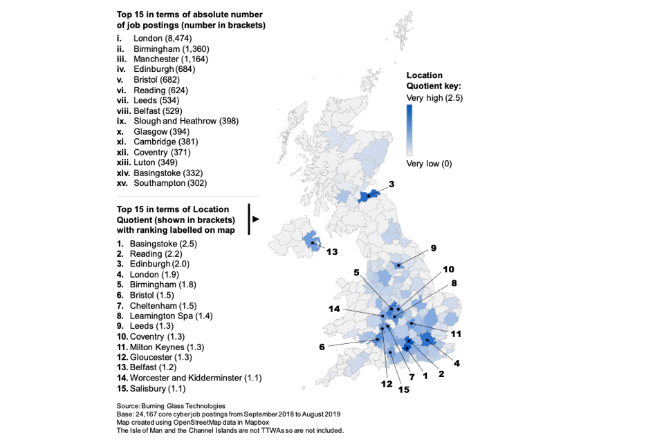 Figure 7.3: Number of core cyber job postings and Location Quotients in the top 15 UK Travel to Work Areas