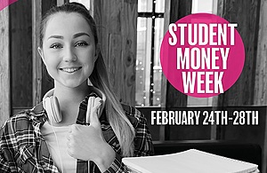 Image of a student with the Student Money Week branding