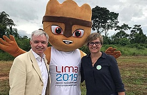 Trade Envoy Mark Menzies MP with HMA Kate Harrisson and Lima 2019 mascot Milco