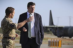 Minister for the Armed Forces James Heappey talks to personnel at RAF Akrotiri in Cyprus