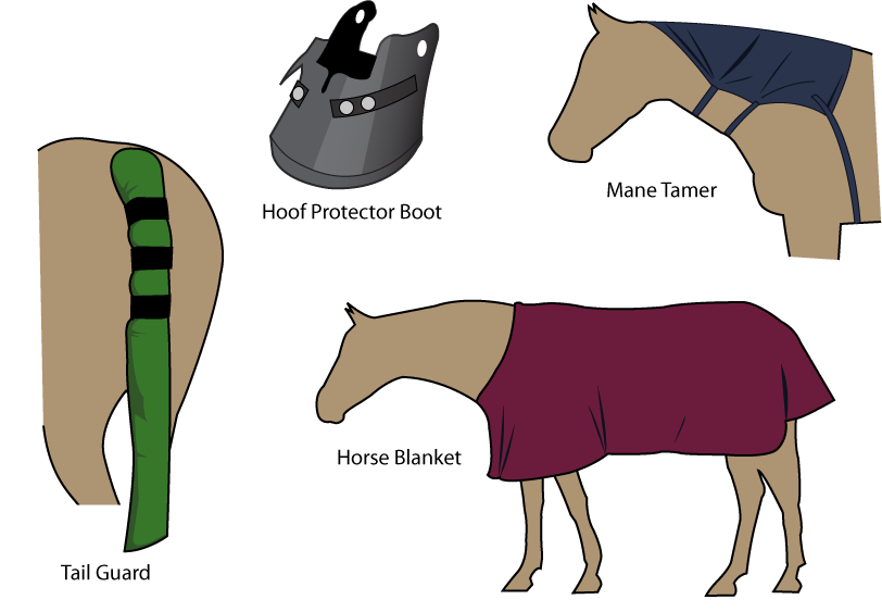 Equipment for horses: mane tamer, horse blanket, tail guard