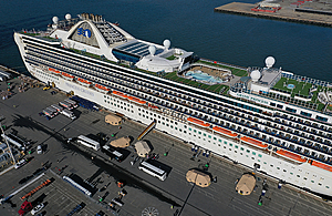 The ship, Grand Princess cruise-ship sat as its docked on the Port of Oakland, California