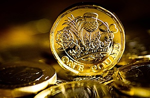 A close up picture of pound coins