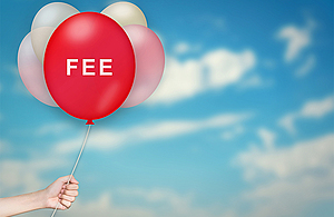 Images of a hand holding balloons and the central red balloon has the word 'Fee'