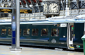 Train waiting at a station.