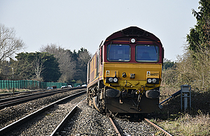 Photograph of The locomotive involved after the accident (image taken looking south, ie towards the direction from which the passenger train approached on the adjacent main line)