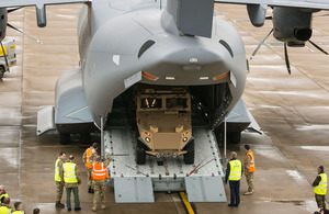 A Foxhound protected patrol vehicle rolls off an Airbus A400M Atlas aircraft during a demonstration at RAF Brize Norton (library image) [Picture: Paul Crouch, Crown copyright]