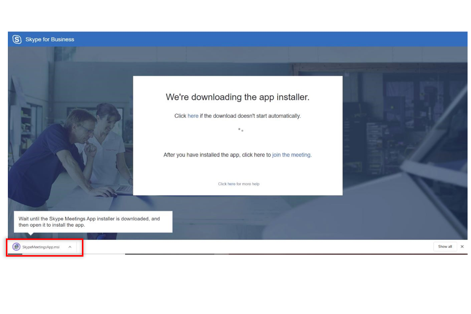 image shows the app installer page for Skype with an active download button highlighted in red