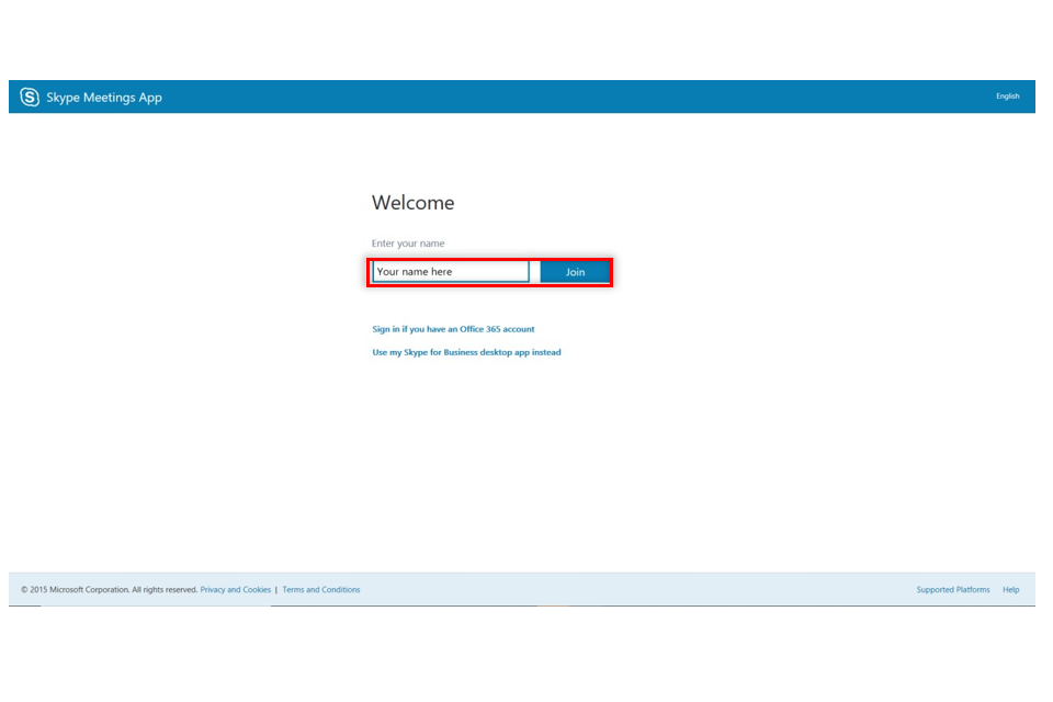 image show a Skype Join or Welcome screen with the name box highlighted in a red box
