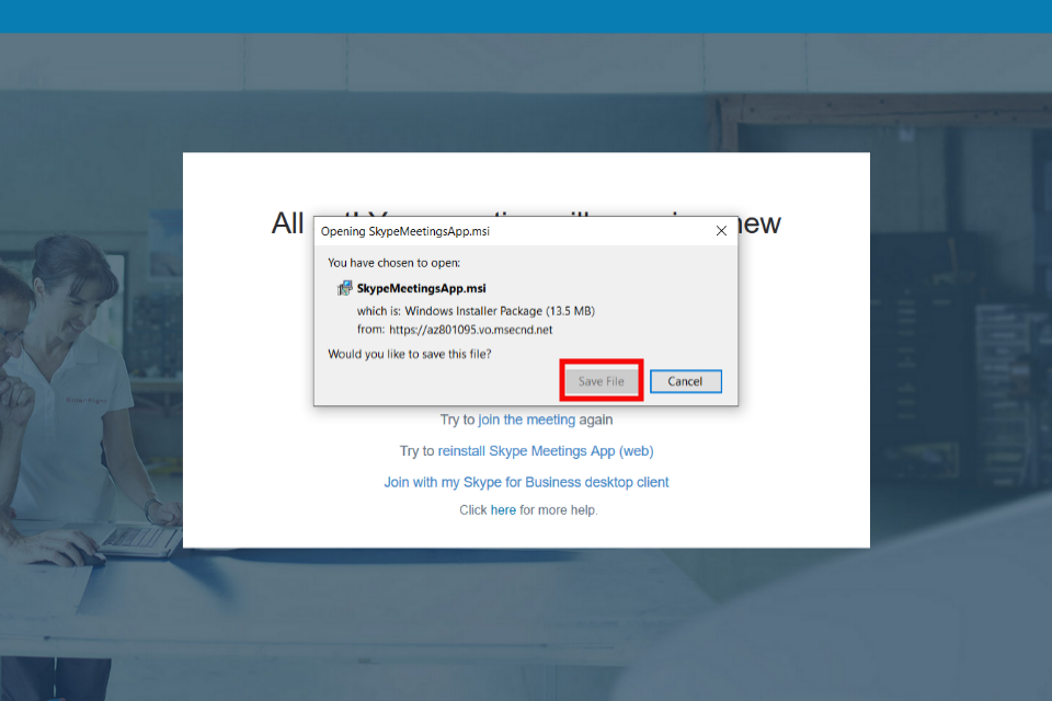 image shows the Skype Package Installer with the 'save file' button highlighted in red