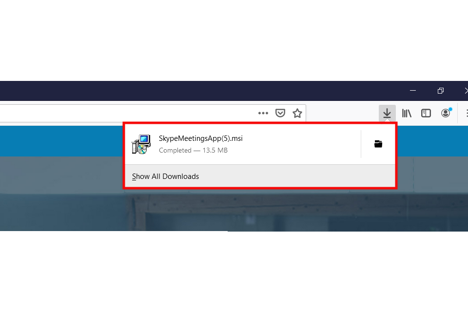 image shows the app installer Skype pop-up with 'show all downloads' highlighted in red