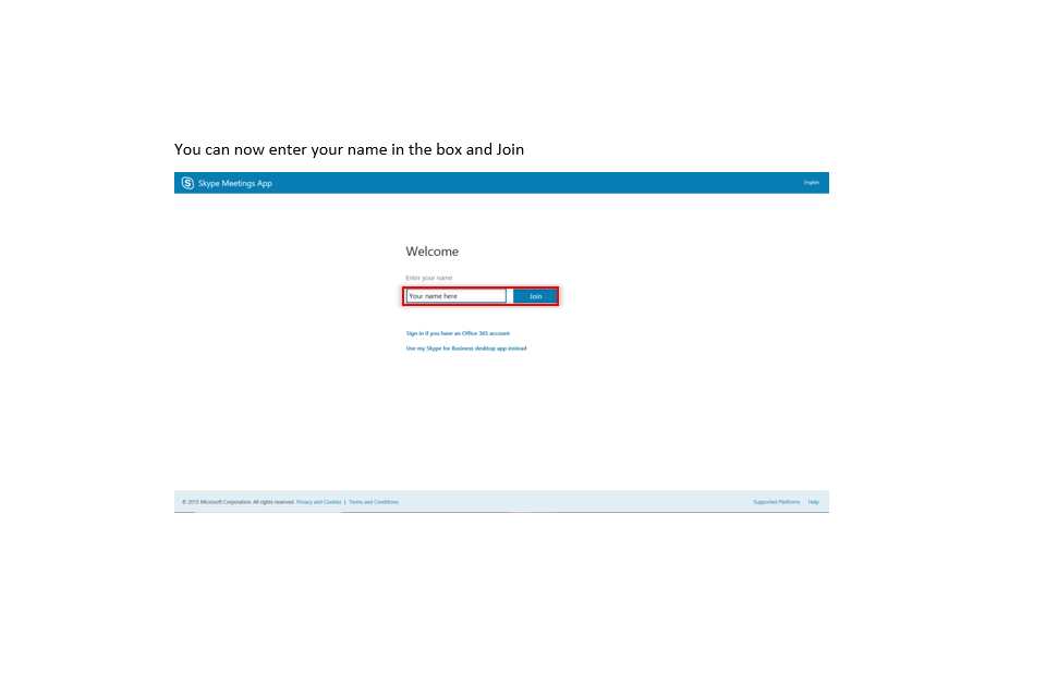 image shows the Skype Meeting App welcome page with the 'enter name' box highlighted in red