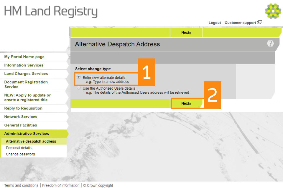Alternative despatch address portal screen.
