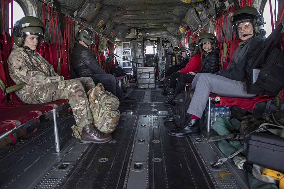 NHS Staff in the back of an RAF Chinook