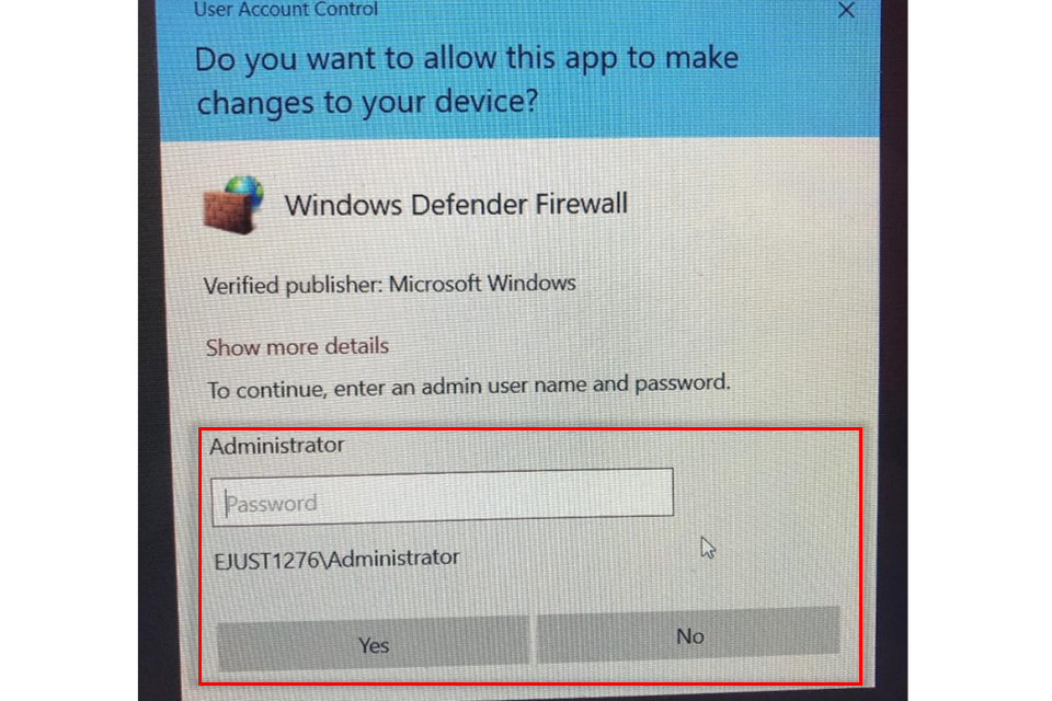 image shows the Windows Defender pop-up with the password box highlighted in red