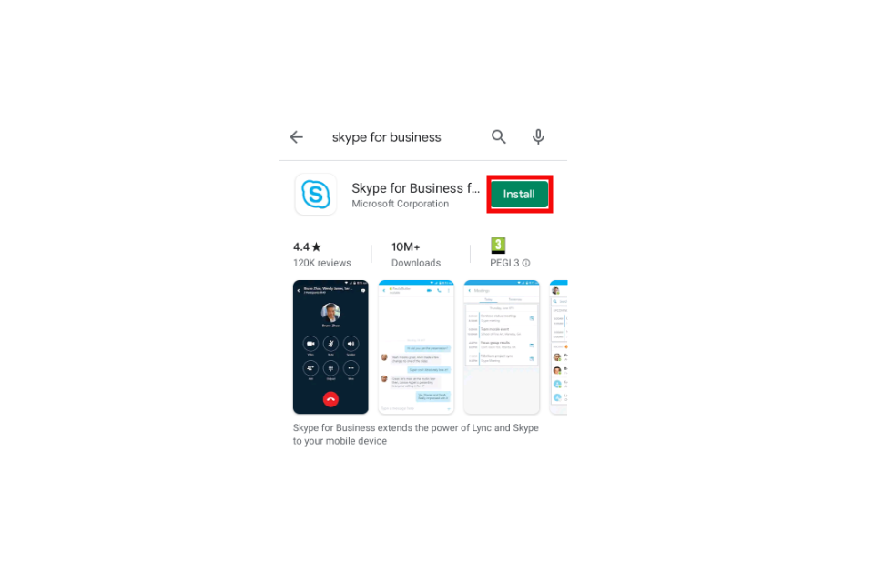 image shows the Play Store app page for Skype for Business with the 'install' button highlighted in red