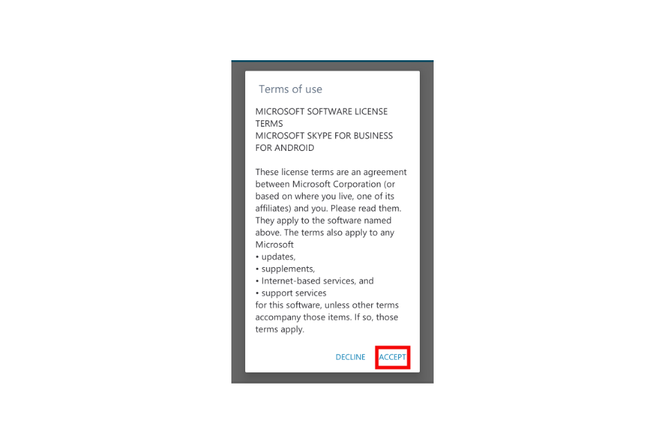 image shows the terms page with the 'accept' button highlighted in red