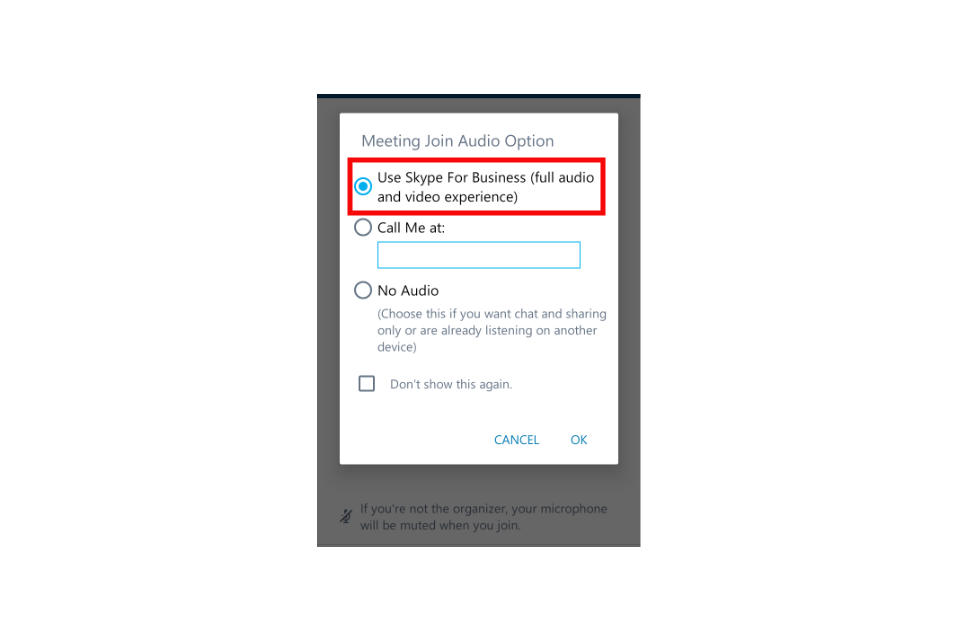 image show Skype for Business access screen with Skype for Business full audio and video highlighted in red