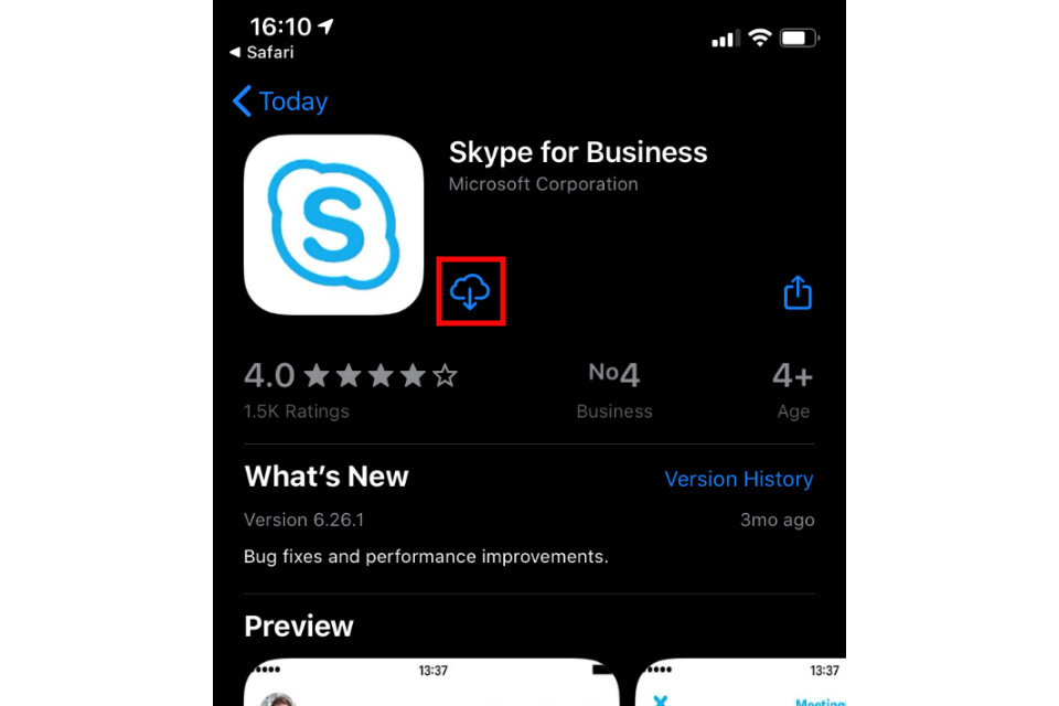 image shows the app screen for Skype in the App Store
