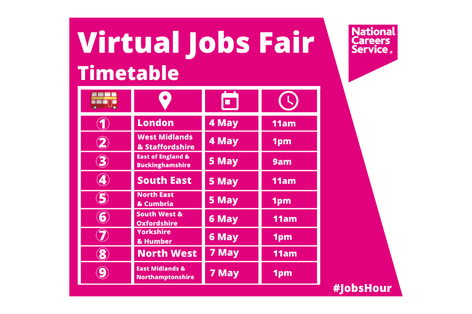 The timetable for the National Careers Service's virtual jobs fair in May.