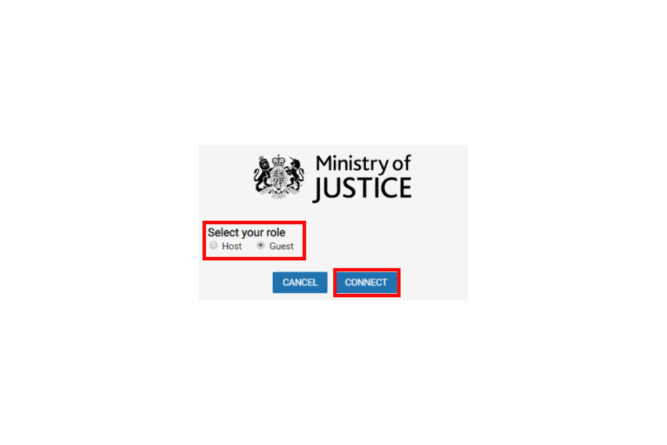 image shows the CVP role choice sign-in page with the 'Guest' button and the 'Connect' button highlighted in red