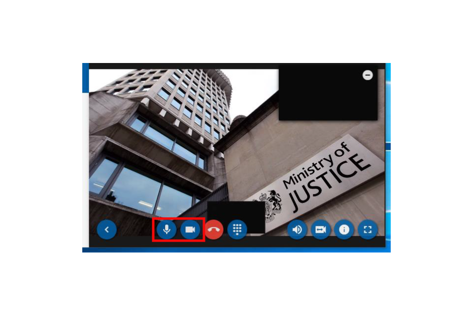 image shows the digital waiting room with the audio and video buttons highlighted in red