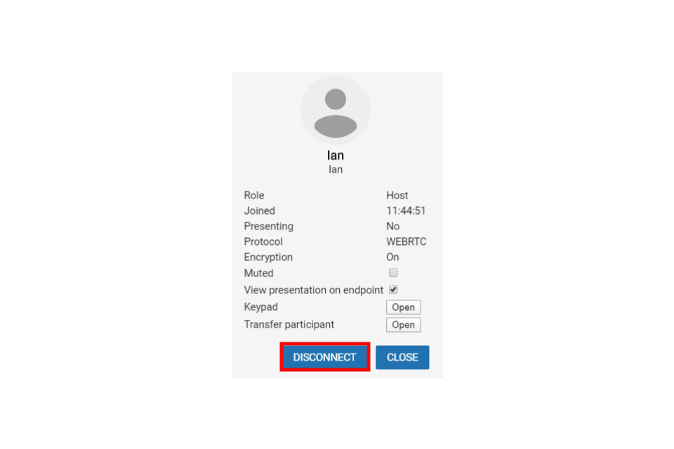 image shows the participant options screen with the disconnect button highlighted in red