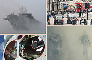 Four image collage; top-left image is a Royal Navy ship in foggy conditions, top-right is a busy London street, bottom-left is an Electro-Optics and Infrared (EOIR) sensor and bottom-right is troops on exercise in foggy conditions.