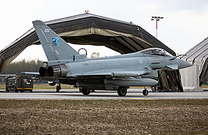 An RAF Typhoon FGR-4 from RAF Lossiemouth arrives at Siauliai Air Base in Lithuania